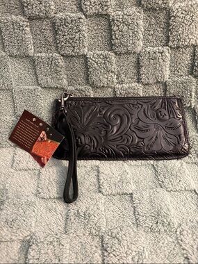 Patricia Nash Embossed Floral Leather Wristlet in Black
